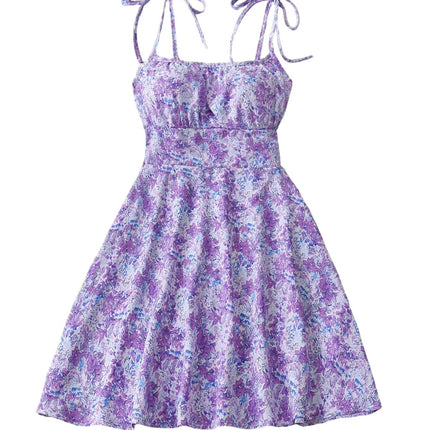 Floral Print Dress Summer Sweet A- Line Waist Trimming Dresses Women's Slimming Casual Clothing