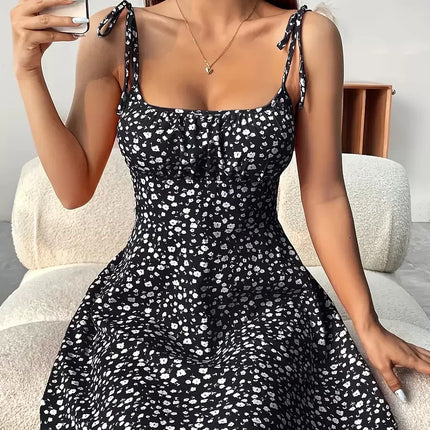 Floral Print Dress Summer Sweet A- Line Waist Trimming Dresses Women's Slimming Casual Clothing