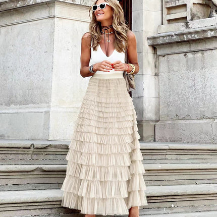 Layered Ruffles Cake Skirt Summer Fashion A Line Swing Mesh Long Skirt Party Dress Women