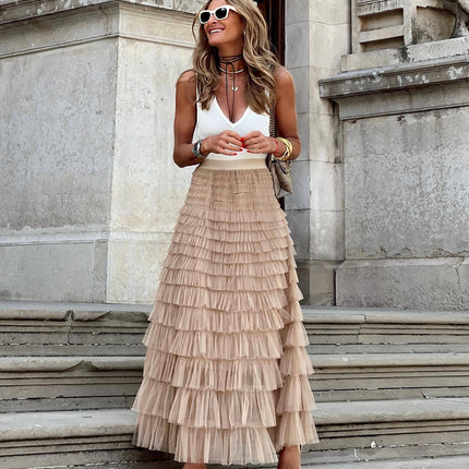 Layered Ruffles Cake Skirt Summer Fashion A Line Swing Mesh Long Skirt Party Dress Women