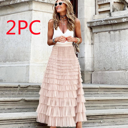 Layered Ruffles Cake Skirt Summer Fashion A Line Swing Mesh Long Skirt Party Dress Women