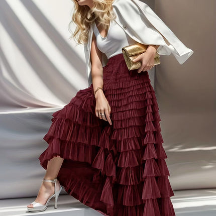 Layered Ruffles Cake Skirt Summer Fashion A Line Swing Mesh Long Skirt Party Dress Women