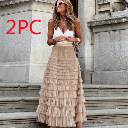 Layered Ruffles Cake Skirt Summer Fashion A Line Swing Mesh Long Skirt Party Dress Women