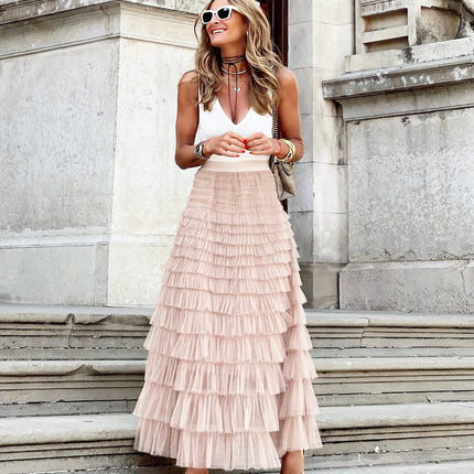 Layered Ruffles Cake Skirt Summer Fashion A Line Swing Mesh Long Skirt Party Dress Women